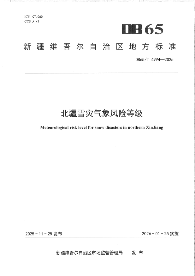 DB65/T 4994-2025 北疆雪灾气象风险等级