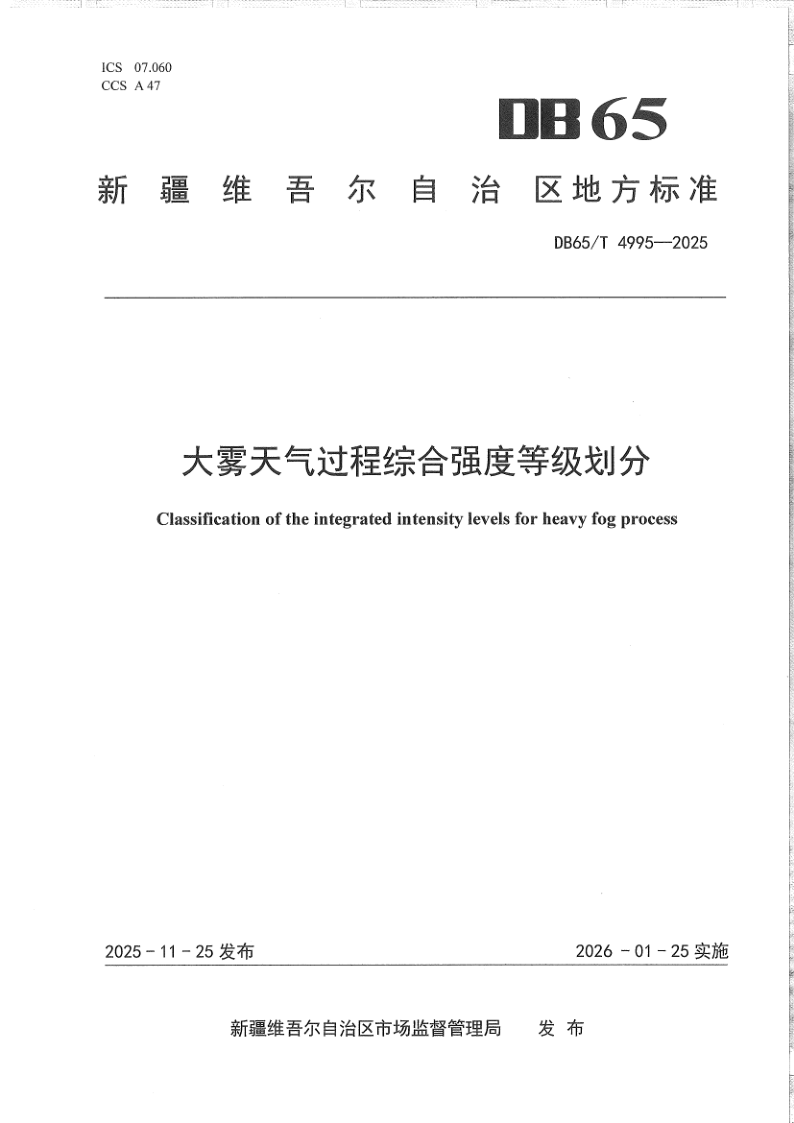 DB65/T 4995-2025 大雾天气过程综合强度等级划分