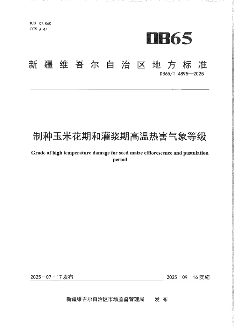 DB65/T 4895-2025 制种玉米花期和灌浆期高温热害气象等级