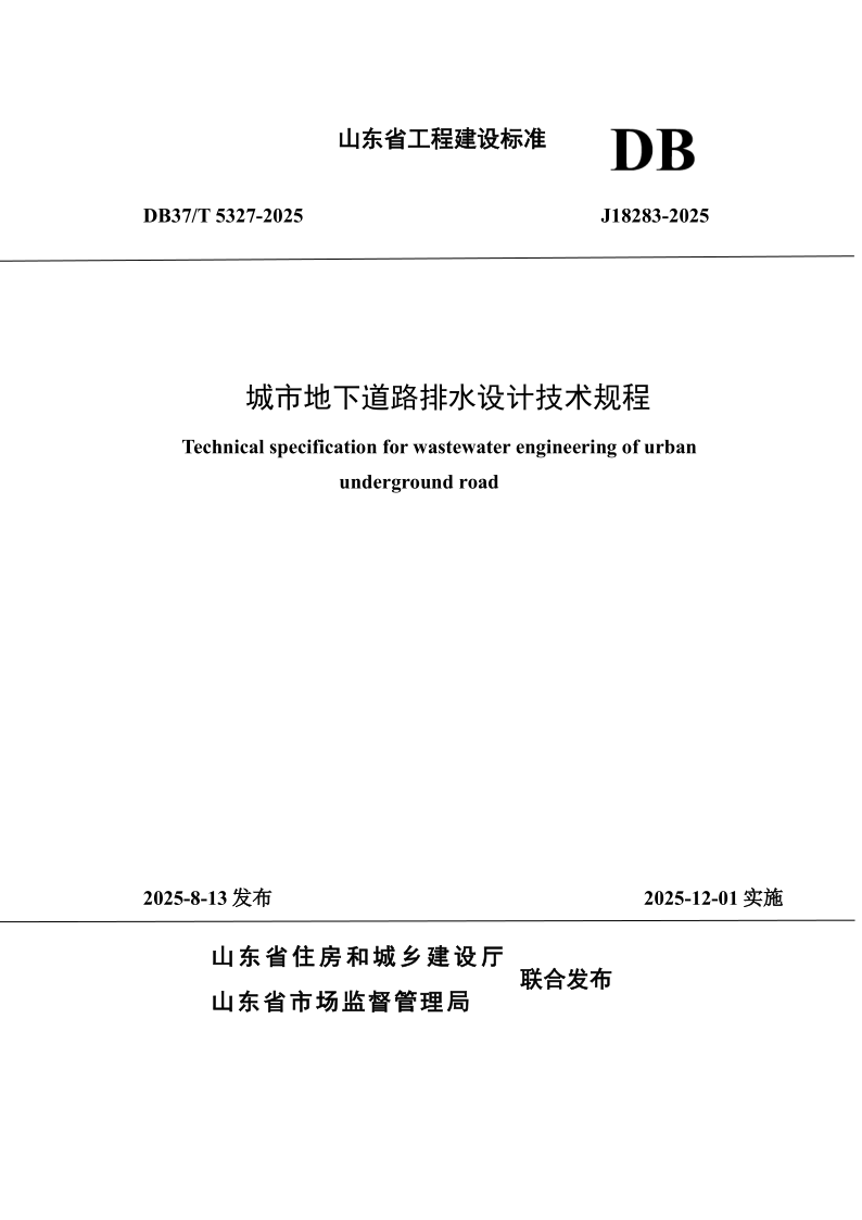 DB37/T5327-2025 城市地下道路排水设计技术规程