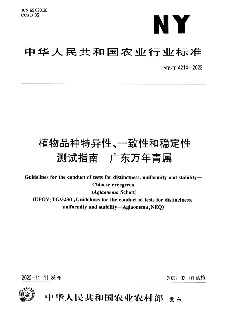 NY/T 4214-2022 植物品种特异性、一致性和稳定性测试指南 广东万年青属